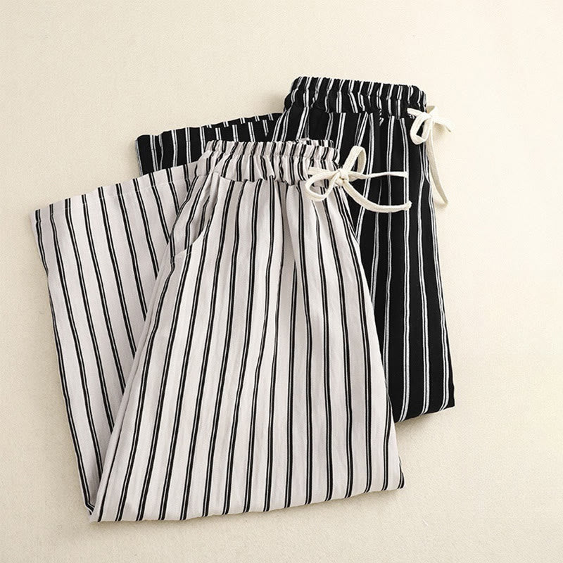 Casual Acrylic Stripe Lace-up Women's Wide Leg Pants With Pockets