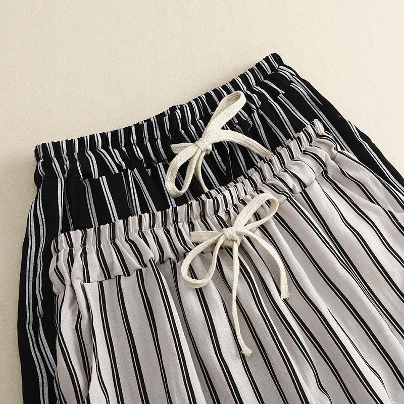 Casual Acrylic Stripe Lace-up Women's Wide Leg Pants With Pockets