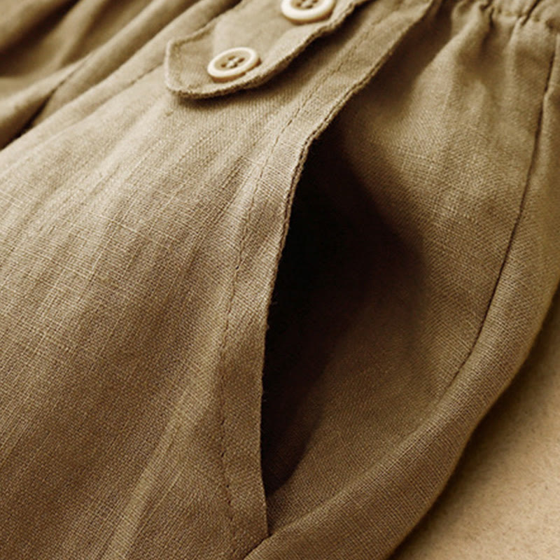 Summer Plain Casual 7-8 Length Buttons Women's Cotton Linen Harem Pants With Pockets