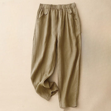 Summer Plain Casual 7-8 Length Buttons Women's Cotton Linen Harem Pants With Pockets