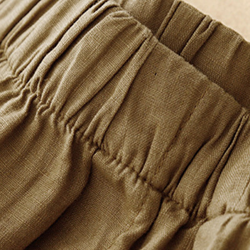 Summer Plain Casual 7-8 Length Buttons Women's Cotton Linen Harem Pants With Pockets