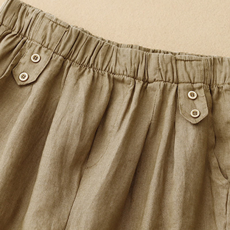 Summer Plain Casual 7-8 Length Buttons Women's Cotton Linen Harem Pants With Pockets
