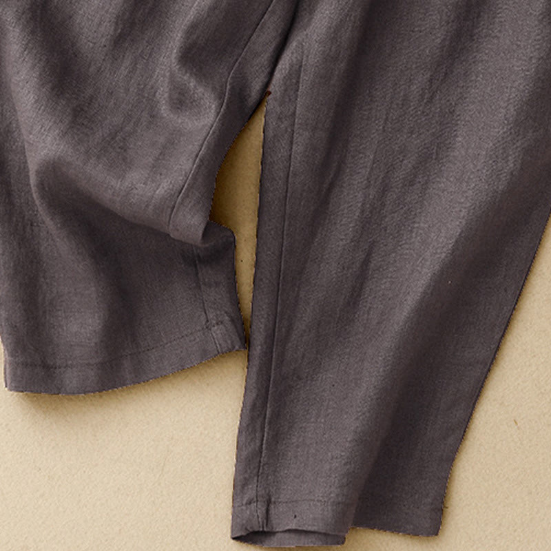 Summer Plain Casual 7-8 Length Buttons Women's Cotton Linen Harem Pants With Pockets