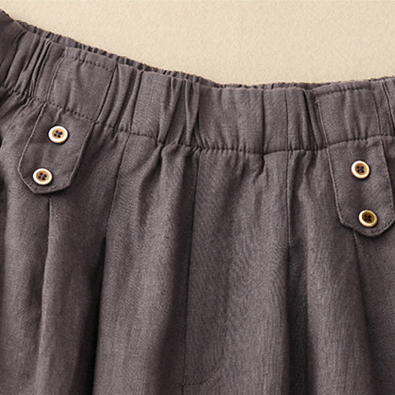 Summer Plain Casual 7-8 Length Buttons Women's Cotton Linen Harem Pants With Pockets