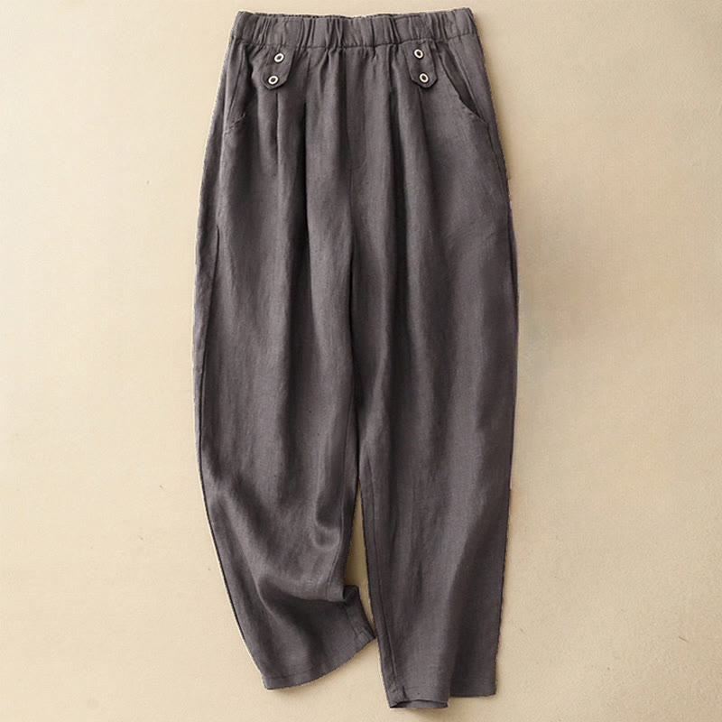 Summer Plain Casual 7-8 Length Buttons Women's Cotton Linen Harem Pants With Pockets
