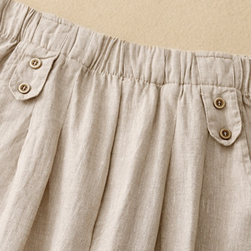 Summer Plain Casual 7-8 Length Buttons Women's Cotton Linen Harem Pants With Pockets
