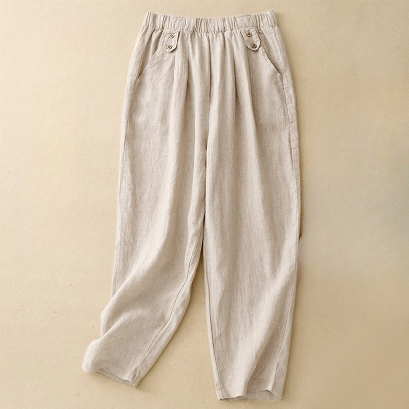 Summer Plain Casual 7-8 Length Buttons Women's Cotton Linen Harem Pants With Pockets