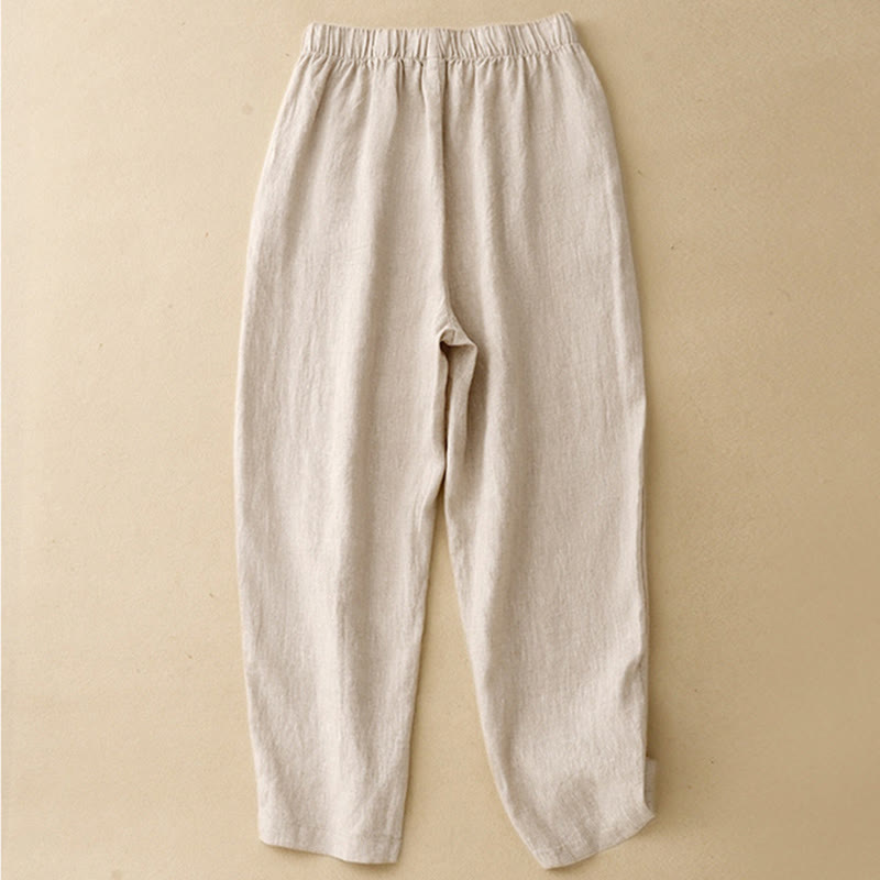 Summer Plain Casual 7-8 Length Buttons Women's Cotton Linen Harem Pants With Pockets