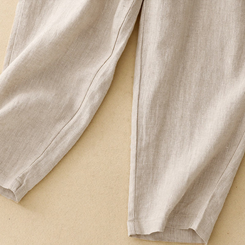 Summer Plain Casual 7-8 Length Buttons Women's Cotton Linen Harem Pants With Pockets