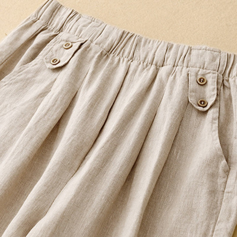 Summer Plain Casual 7-8 Length Buttons Women's Cotton Linen Harem Pants With Pockets