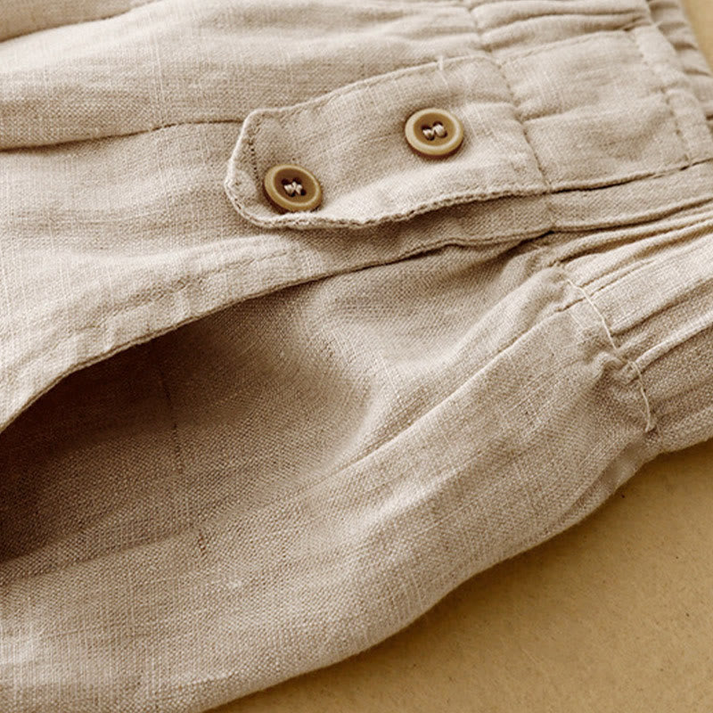 Summer Plain Casual 7-8 Length Buttons Women's Cotton Linen Harem Pants With Pockets