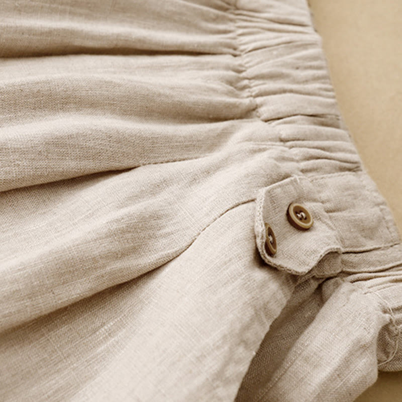 Summer Plain Casual 7-8 Length Buttons Women's Cotton Linen Harem Pants With Pockets