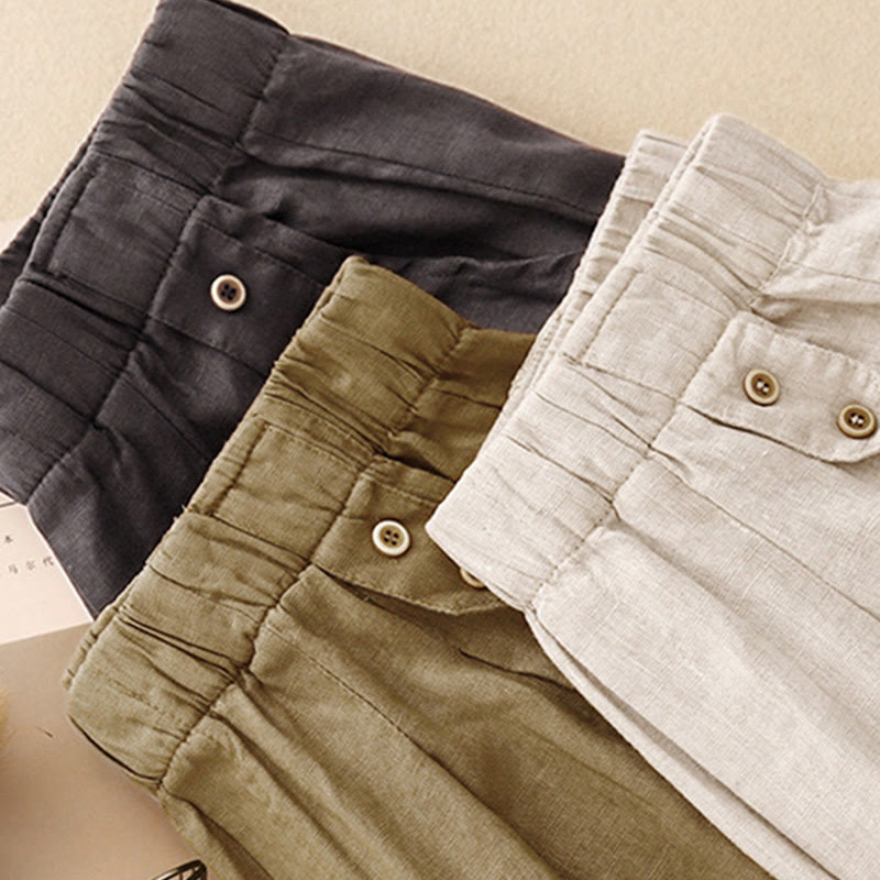 Summer Plain Casual 7-8 Length Buttons Women's Cotton Linen Harem Pants With Pockets
