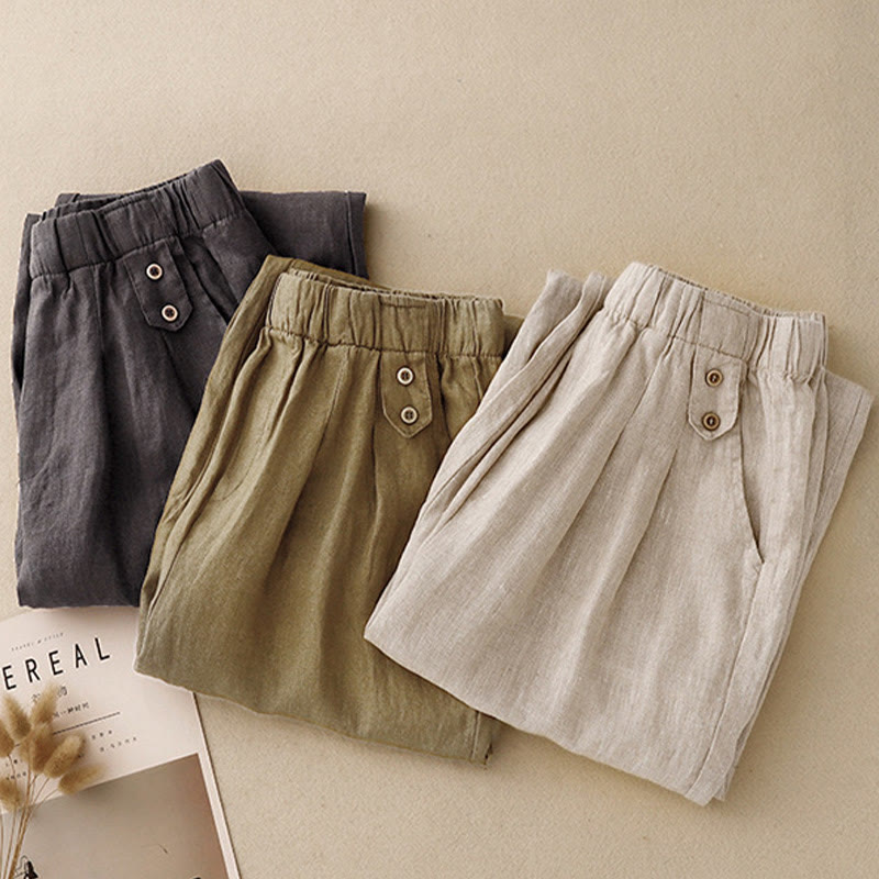 Summer Plain Casual 7-8 Length Buttons Women's Cotton Linen Harem Pants With Pockets