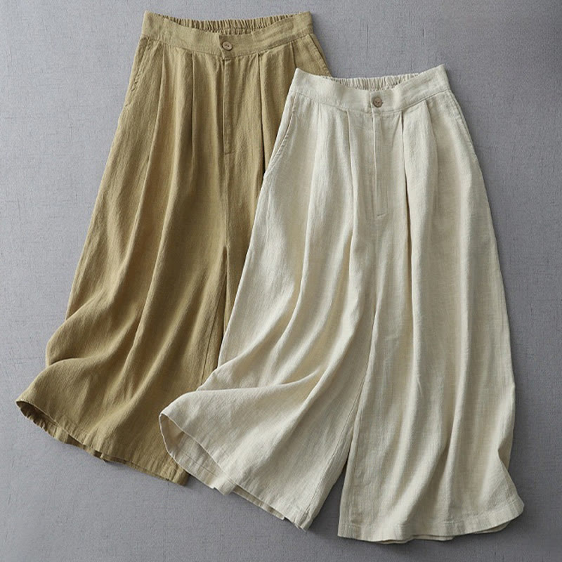 Casual Plain Loose 7-8 Length Women's Polyester Wide Leg Pants With Pockets