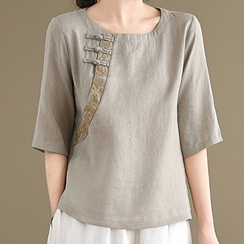 Casual Women's Embroidered Flower Pattern Frog-Button Crew Neck Design Half Sleeve Cotton Linen Shirt