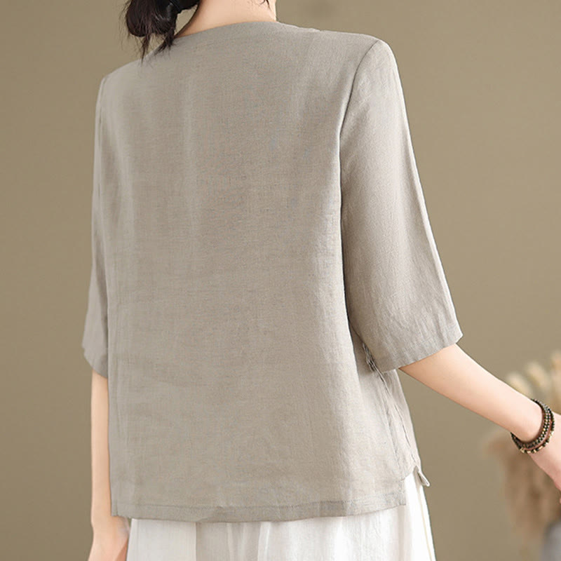 Casual Women's Embroidered Flower Pattern Frog-Button Crew Neck Design Half Sleeve Cotton Linen Shirt