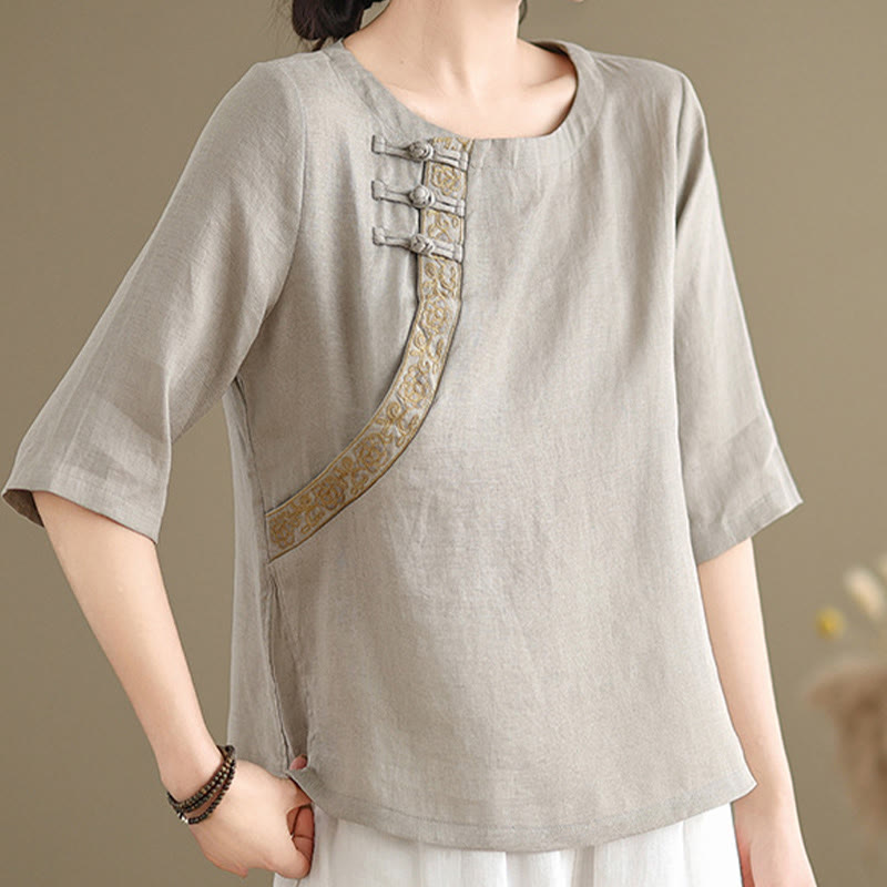 Casual Women's Embroidered Flower Pattern Frog-Button Crew Neck Design Half Sleeve Cotton Linen Shirt