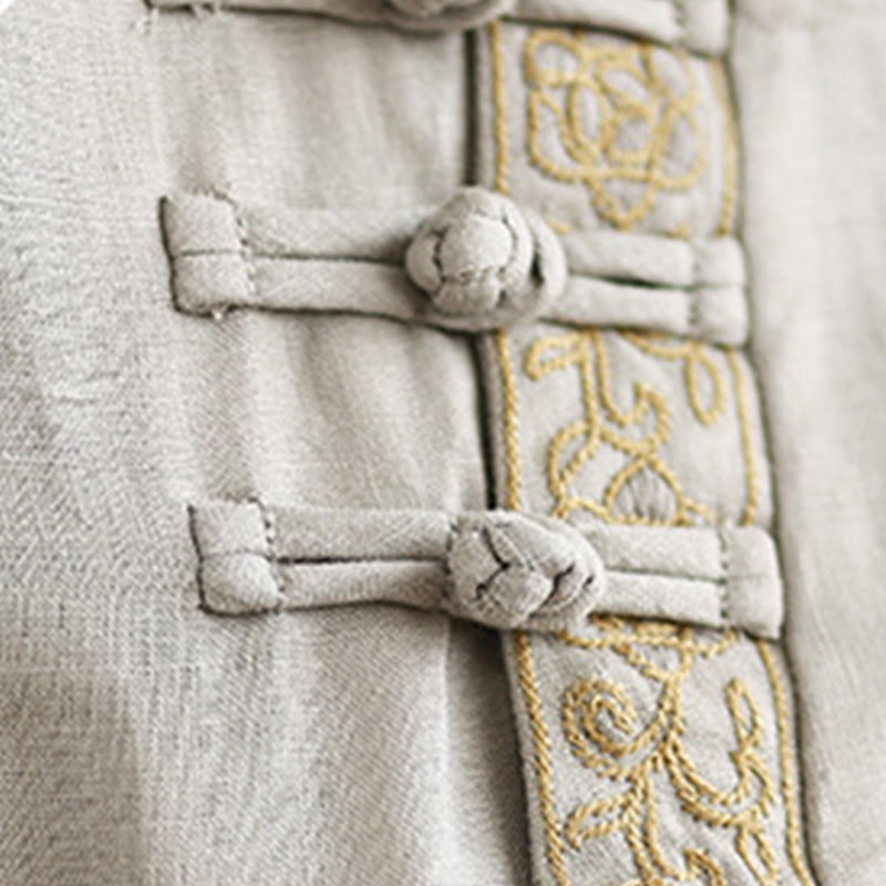 Casual Women's Embroidered Flower Pattern Frog-Button Crew Neck Design Half Sleeve Cotton Linen Shirt