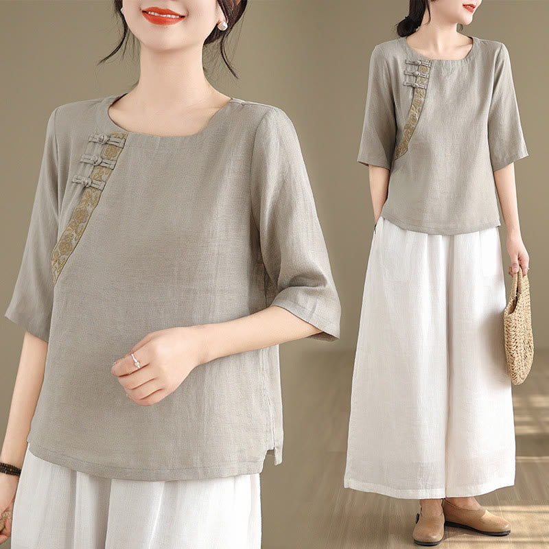 Casual Women's Embroidered Flower Pattern Frog-Button Crew Neck Design Half Sleeve Cotton Linen Shirt
