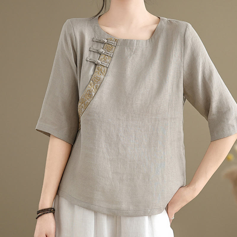 Casual Women's Embroidered Flower Pattern Frog-Button Crew Neck Design Half Sleeve Cotton Linen Shirt