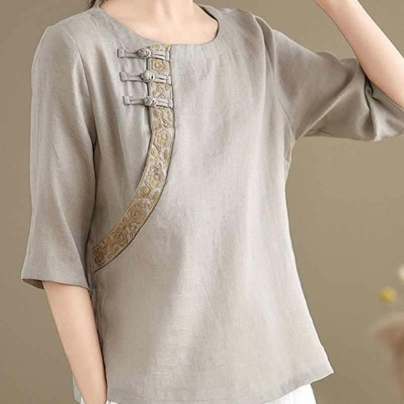Casual Women's Embroidered Flower Pattern Frog-Button Crew Neck Design Half Sleeve Cotton Linen Shirt