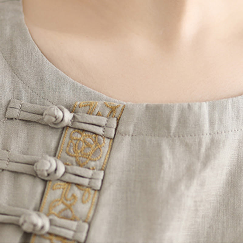 Casual Women's Embroidered Flower Pattern Frog-Button Crew Neck Design Half Sleeve Cotton Linen Shirt