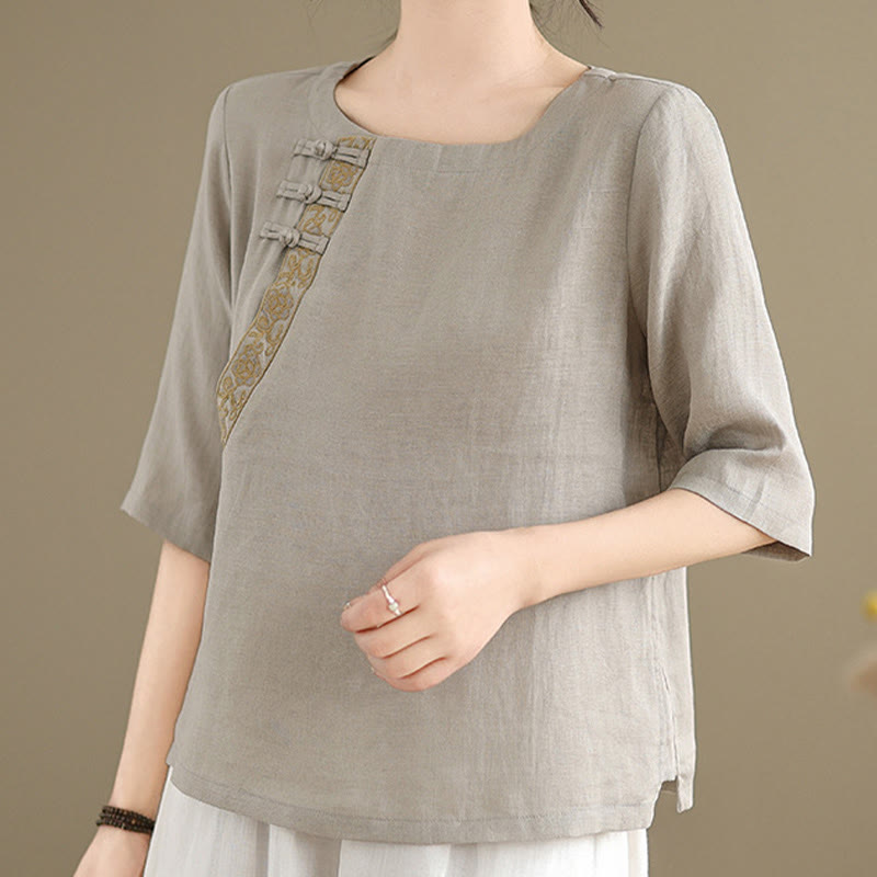 Casual Women's Embroidered Flower Pattern Frog-Button Crew Neck Design Half Sleeve Cotton Linen Shirt