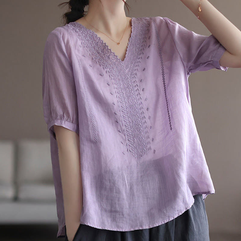 Summer Casual Embroidered Pattern Women's V-Neck Design Half Sleeve Cotton Linen T-shirt
