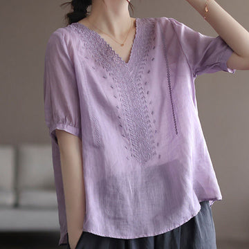 Summer Casual Embroidered Pattern Women's V-Neck Design Half Sleeve Cotton Linen T-shirt
