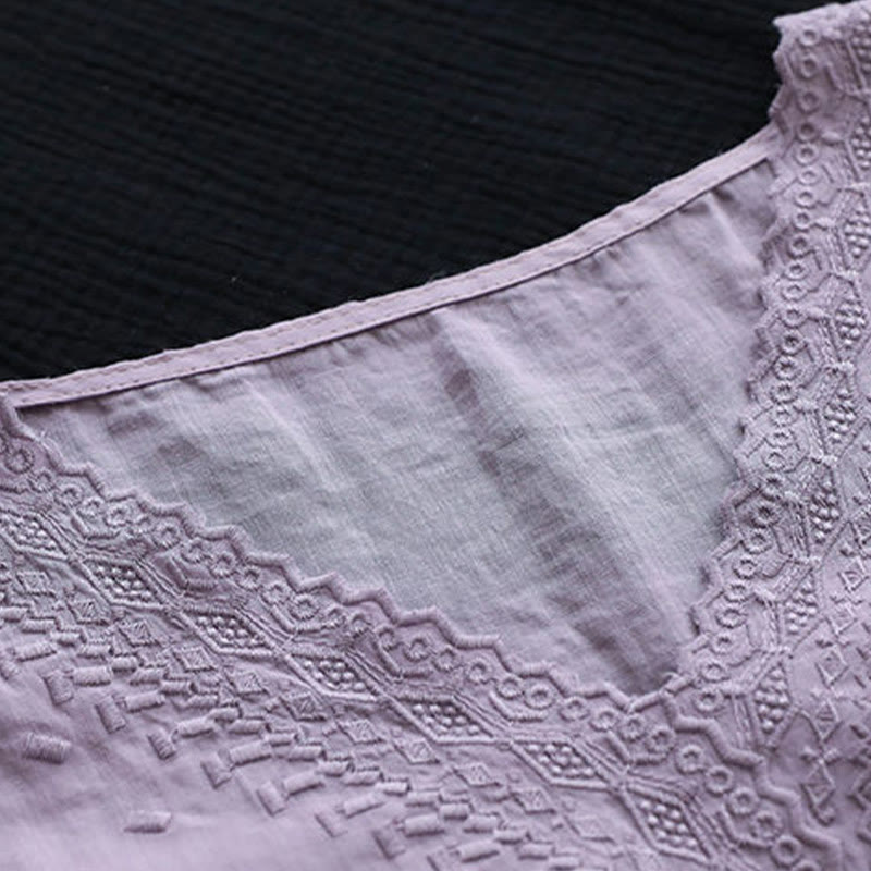 Summer Casual Embroidered Pattern Women's V-Neck Design Half Sleeve Cotton Linen T-shirt