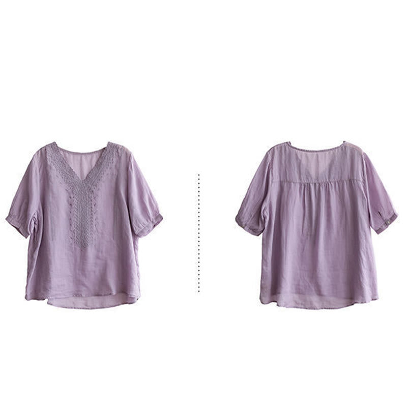 Summer Casual Embroidered Pattern Women's V-Neck Design Half Sleeve Cotton Linen T-shirt