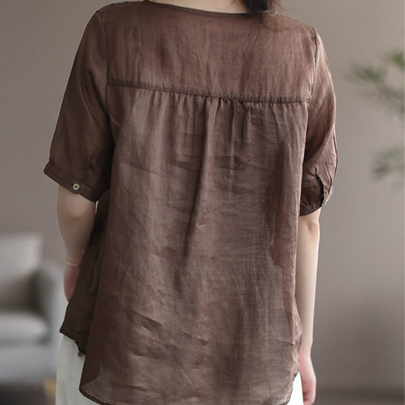 Summer Casual Embroidered Pattern Women's V-Neck Design Half Sleeve Cotton Linen T-shirt
