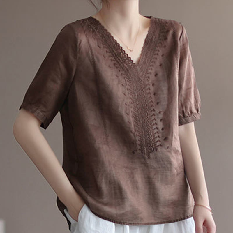 Summer Casual Embroidered Pattern Women's V-Neck Design Half Sleeve Cotton Linen T-shirt