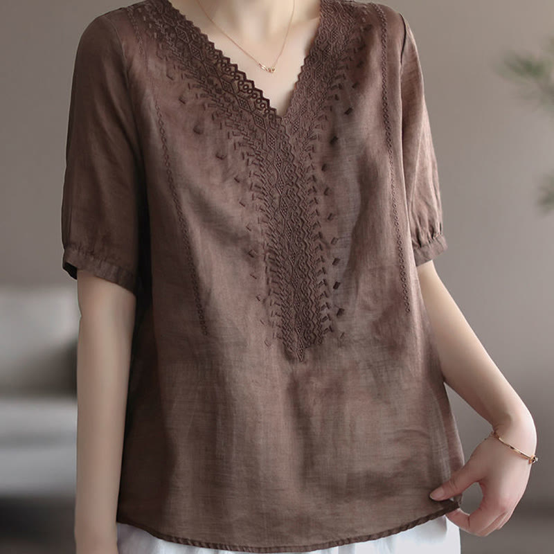Summer Casual Embroidered Pattern Women's V-Neck Design Half Sleeve Cotton Linen T-shirt