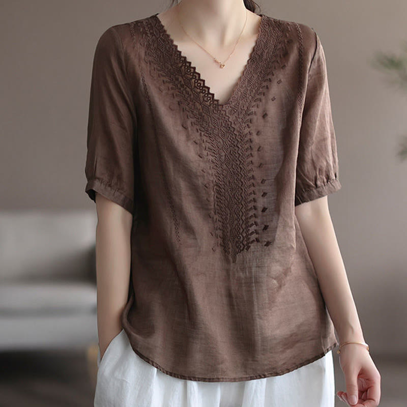 Summer Casual Embroidered Pattern Women's V-Neck Design Half Sleeve Cotton Linen T-shirt