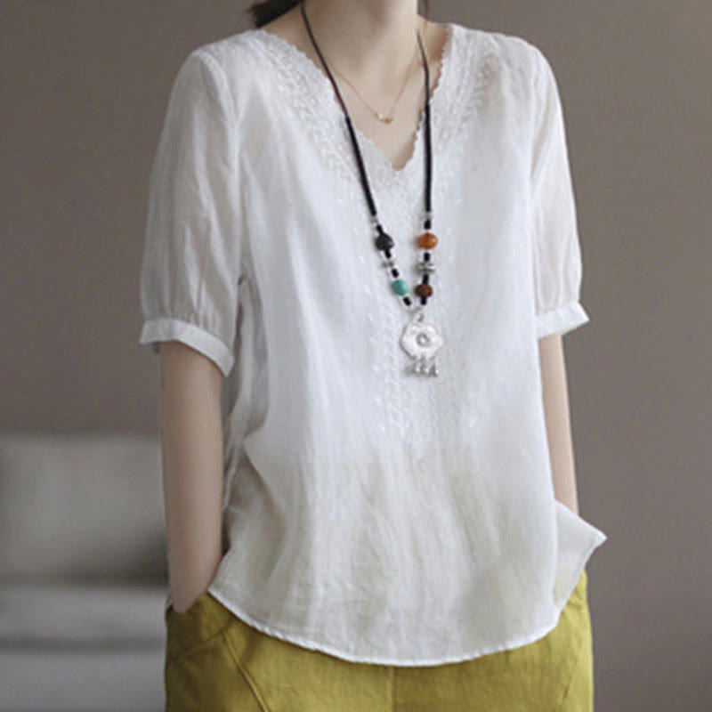 Summer Casual Embroidered Pattern Women's V-Neck Design Half Sleeve Cotton Linen T-shirt