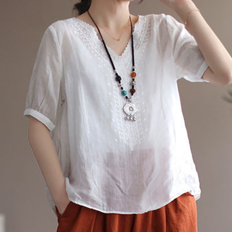 Summer Casual Embroidered Pattern Women's V-Neck Design Half Sleeve Cotton Linen T-shirt