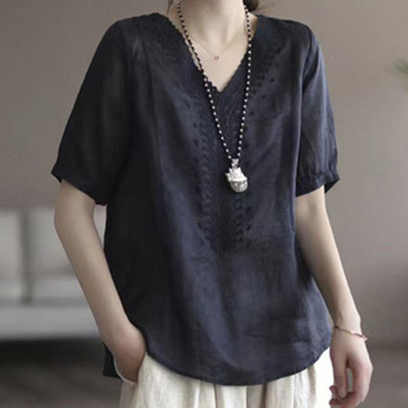 Summer Casual Embroidered Pattern Women's V-Neck Design Half Sleeve Cotton Linen T-shirt