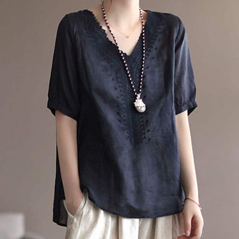 Summer Casual Embroidered Pattern Women's V-Neck Design Half Sleeve Cotton Linen T-shirt