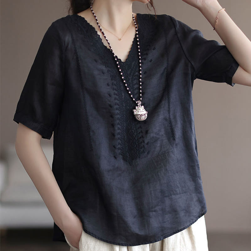 Summer Casual Embroidered Pattern Women's V-Neck Design Half Sleeve Cotton Linen T-shirt