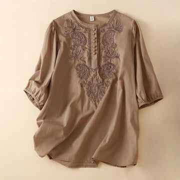 Cotton Linen Embroidered Half-Sleeve Meditation Shirt