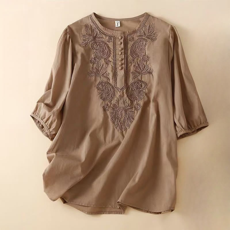Cotton Linen Embroidered Half-Sleeve Meditation Shirt