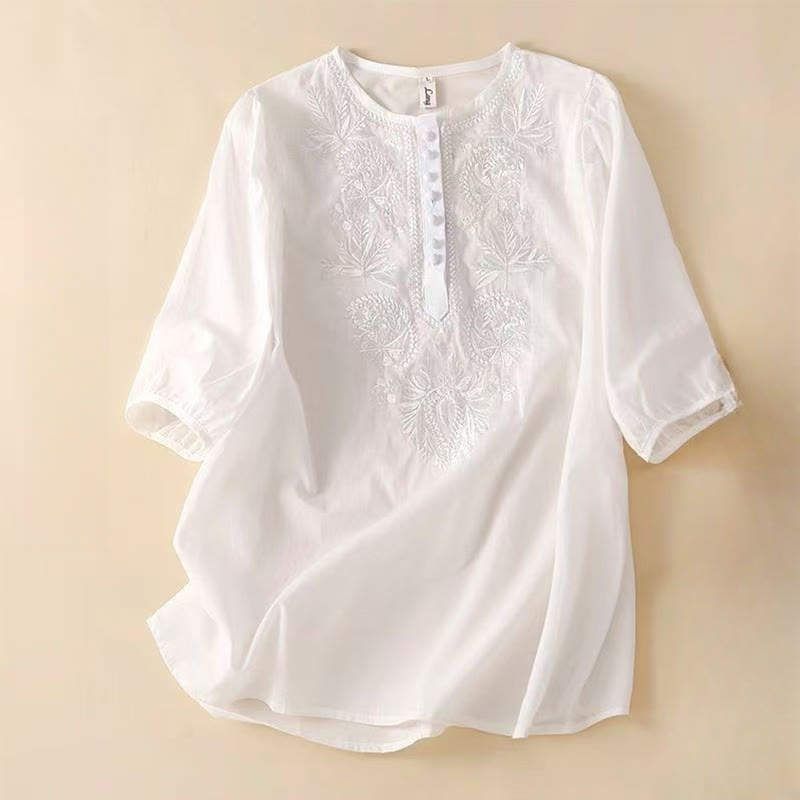 Cotton Linen Embroidered Half-Sleeve Meditation Shirt