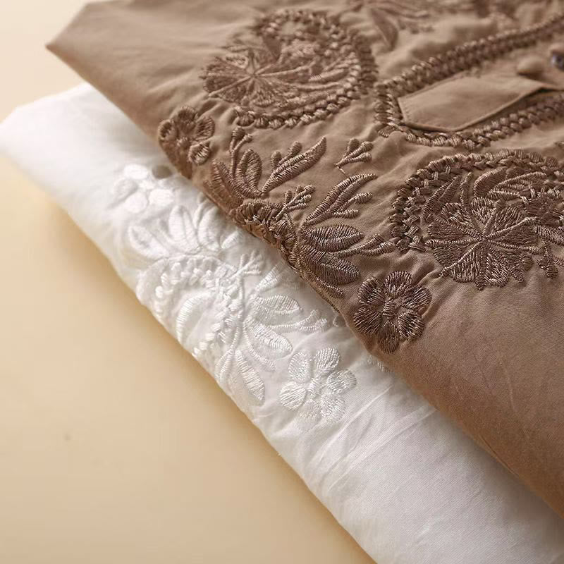 Cotton Linen Embroidered Half-Sleeve Meditation Shirt