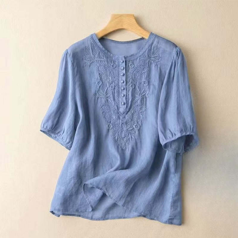 Cotton Linen Embroidered Half-Sleeve Meditation Shirt