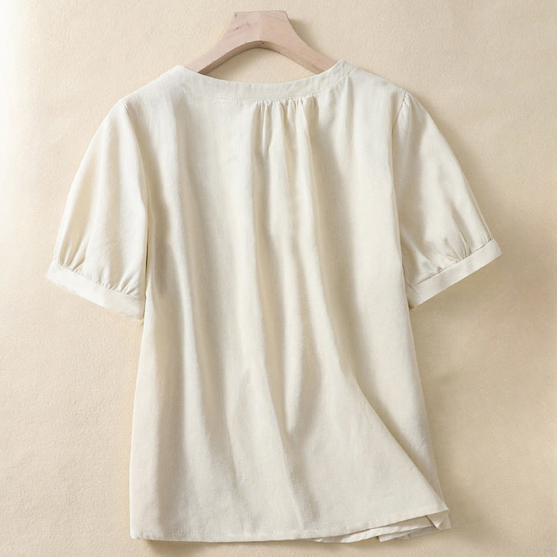 Casual Women's Plain Crew Neck Button Design Half Sleeve Cotton Linen Shirt