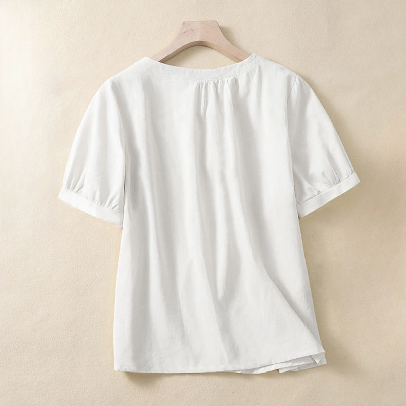 Casual Women's Plain Crew Neck Button Design Half Sleeve Cotton Linen Shirt
