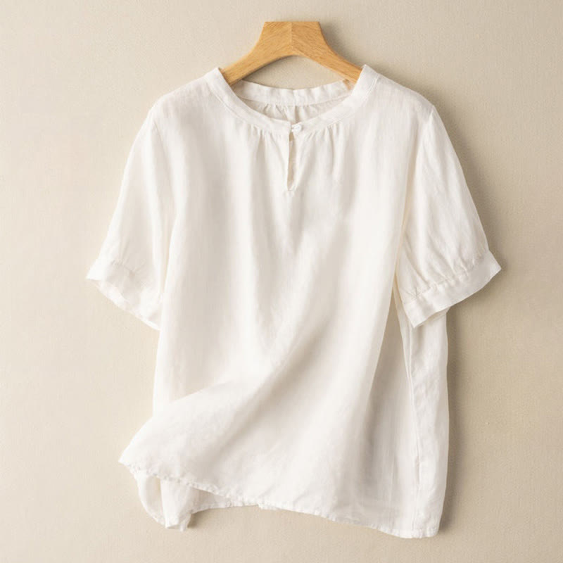 Casual Women's Plain Crew Neck Button Design Half Sleeve Cotton Linen Shirt