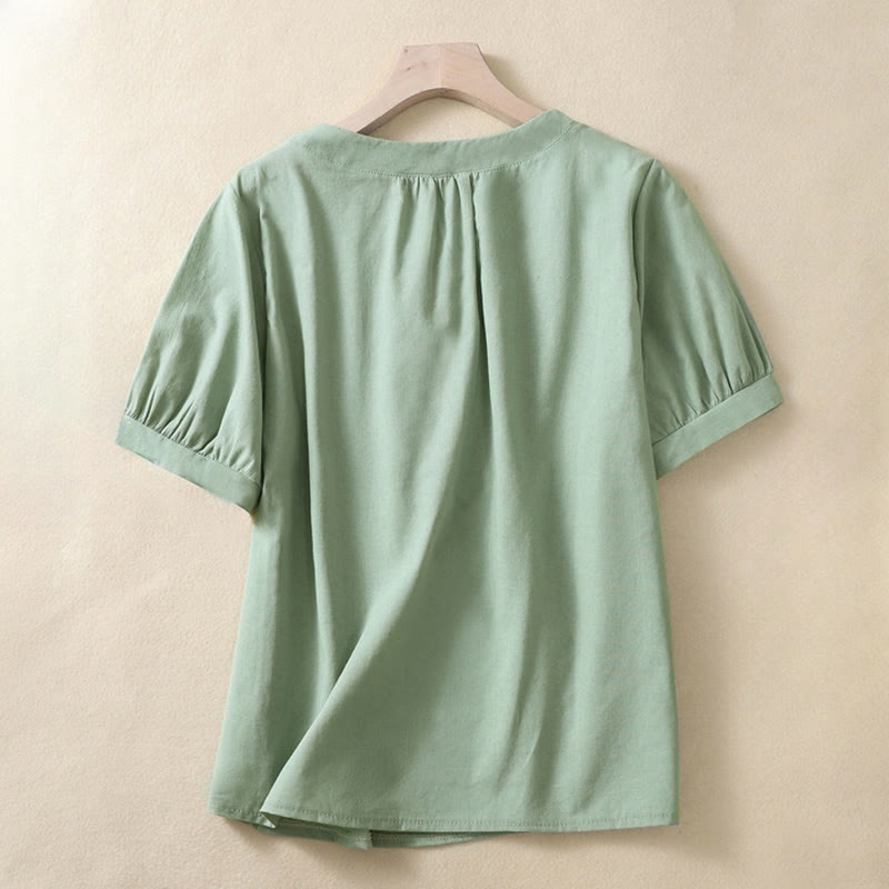 Casual Women's Plain Crew Neck Button Design Half Sleeve Cotton Linen Shirt